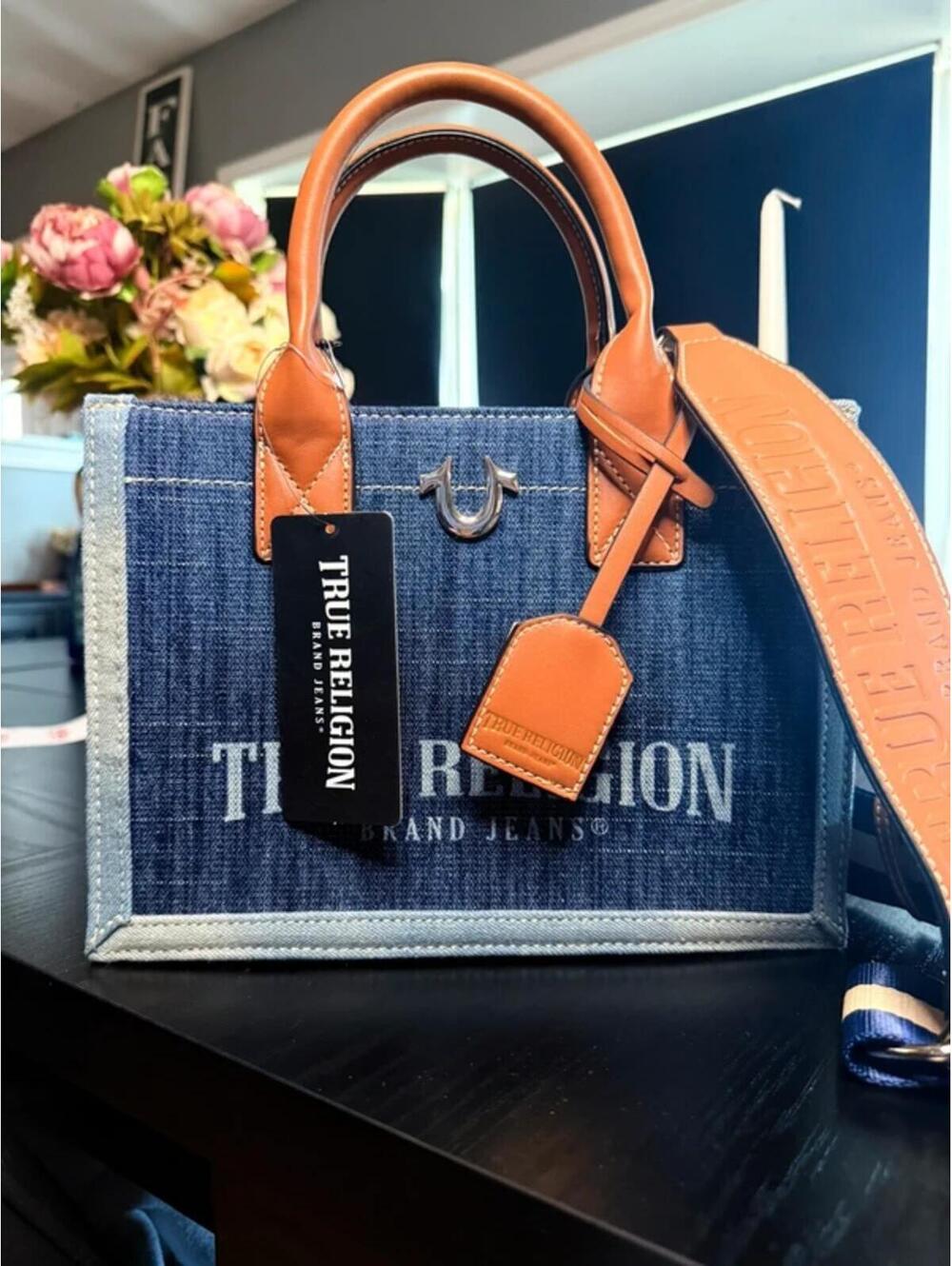 True Religion Denim Tote Bag Blue Canvas Leather Trim Crossbody Strap NWT